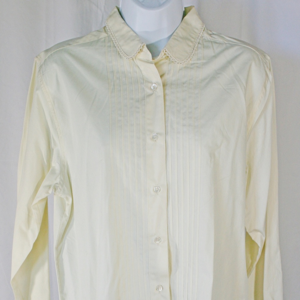 Vtg Yellow Front Pleated Buttoned Shirt Blouse